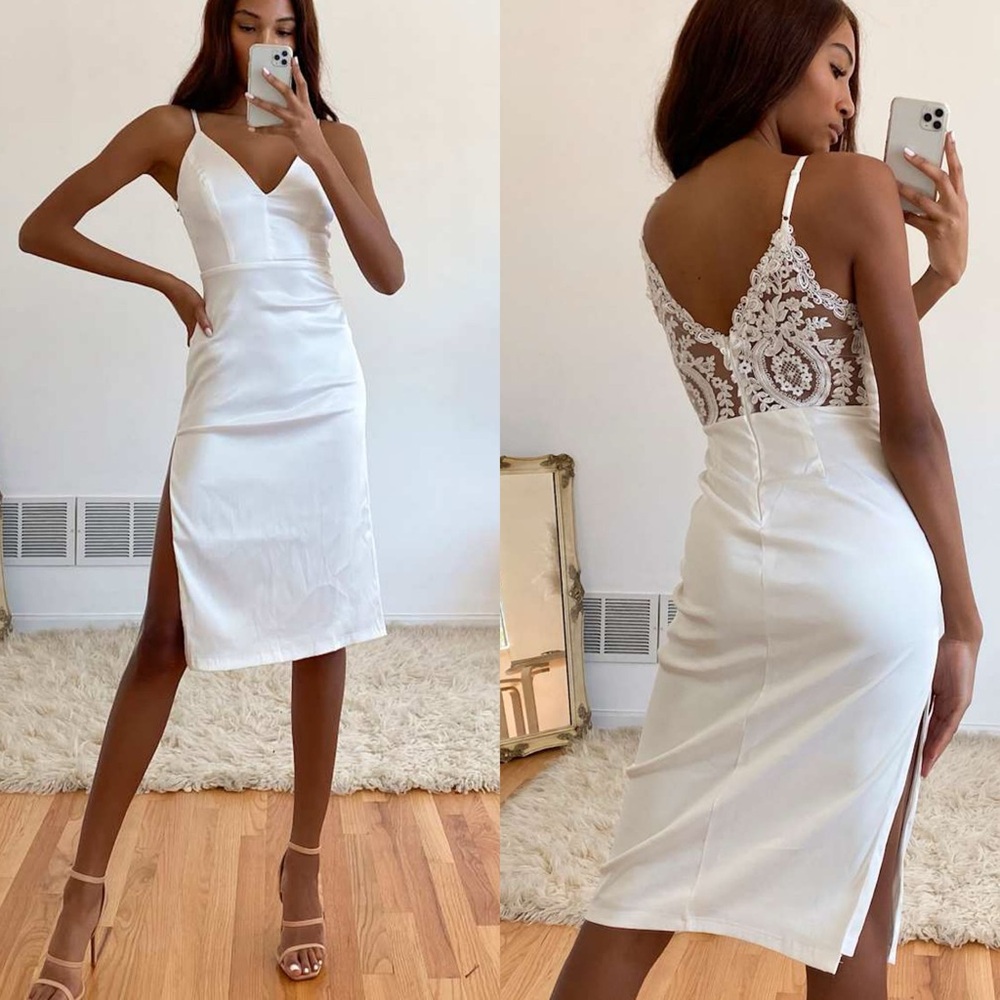 Lulus | Stunning Sight White Embroidered Lace Satin Midi Dress